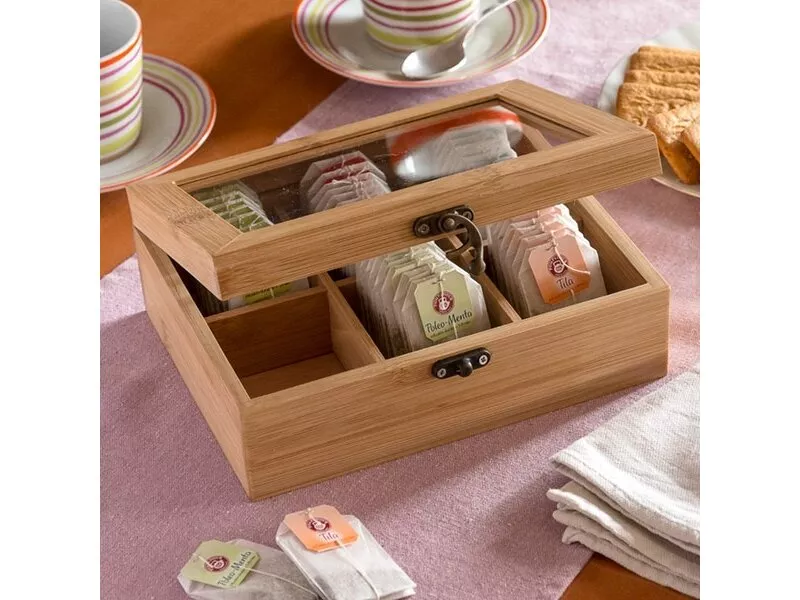 Снимка на Кутия за чай от бамбук с 6 отделения за съхранение