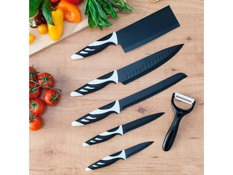 Снимка на Комплект 6 броя черни ножове в швейцарски стил
